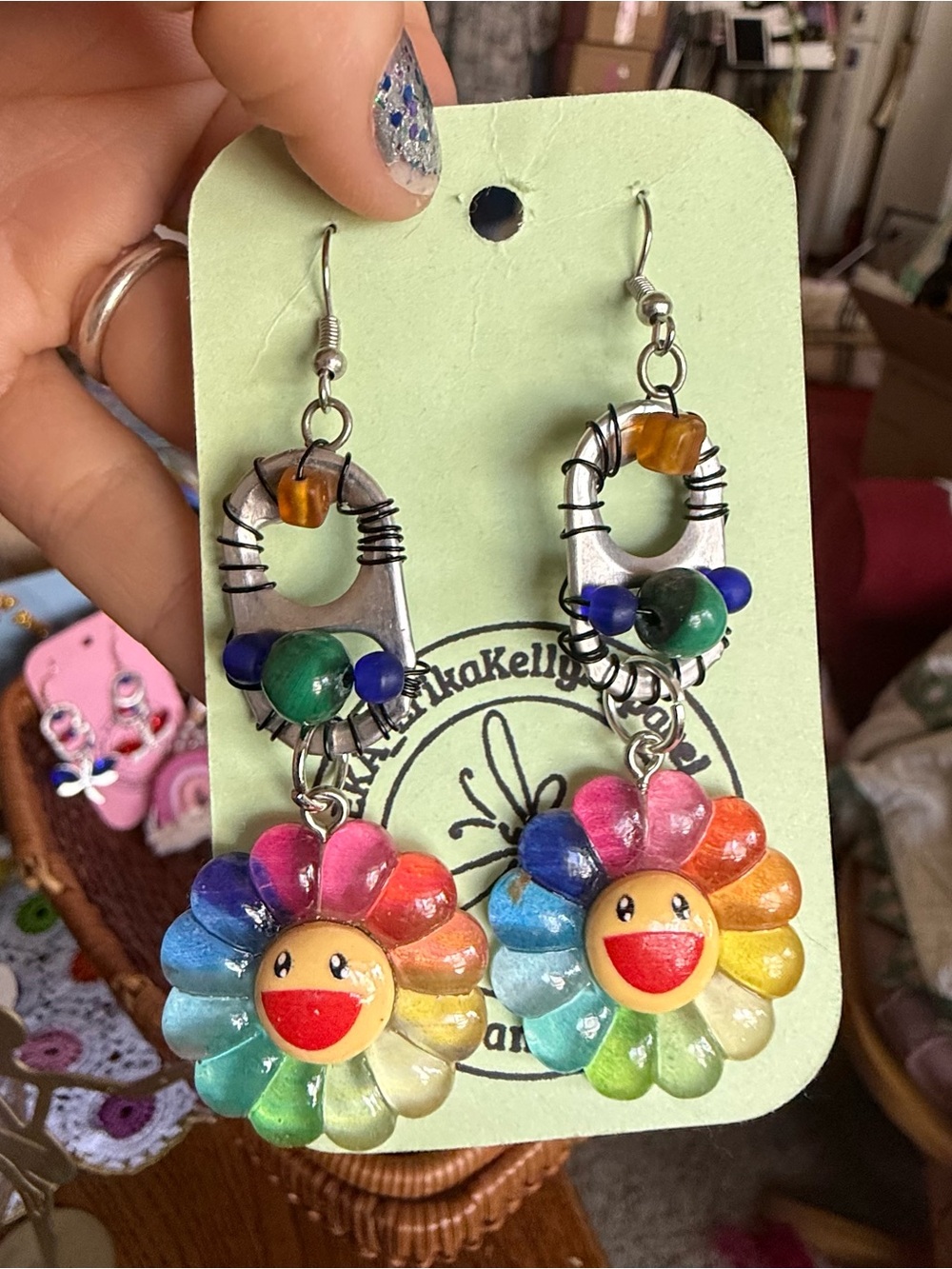 Real Stones & Glass Beads Handmade Upcycled Earrings Colorful Smiley Flowers - Picture 3 of 3